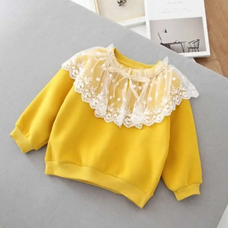 

Children's clothing girls lace side sweatshirt autumn and winter children's lace collar set plus wool girls sweatshirt children