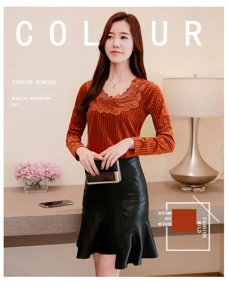 Winter Lace Patchwork Velour Blouse Women Plus Size Tops Ladies Casual Long Sleeve Femme Shirt Autumn Terciopelo Blusas Mujer (1)