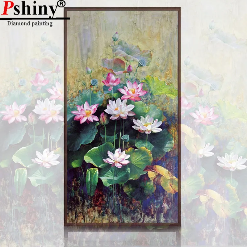 

PSHINY DIY 5D Diamond embroidery sale lotus flower paintings from crystals full drill square mosaic pictures of rhinestones