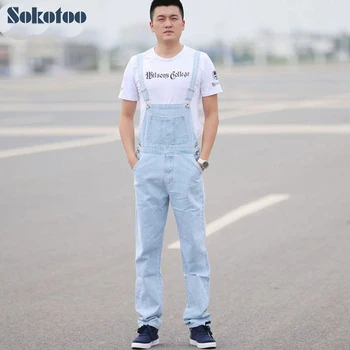 

Sokotoo Men's light blue white denim bib overalls Male casual straight slim jumpsuits Jeans Free shipping