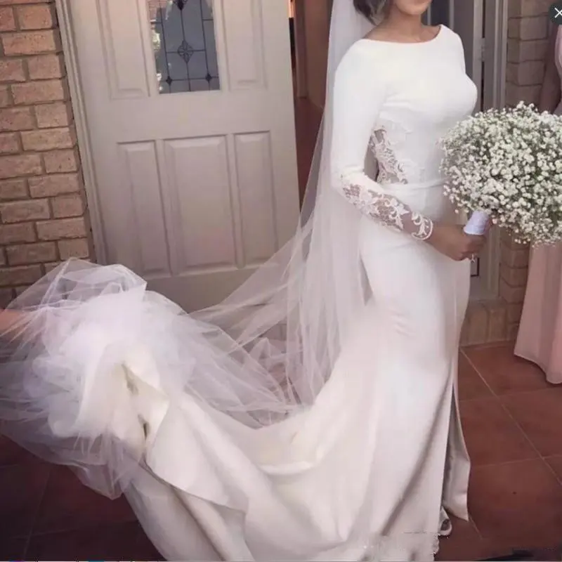 

New Vintage Long Sleeves Wedding Dresses Beach Sweep Train Lace And Satin Backless Simple Front Split Mermaid Bridal Gowns