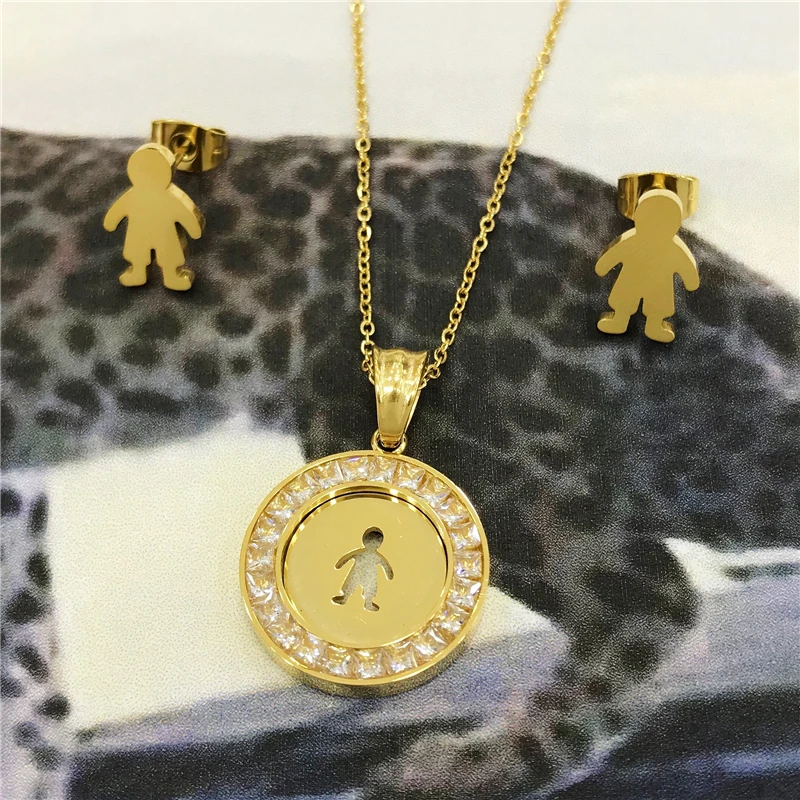 

Luxury Brand Gold Chain Stainless Steel Crystal Zircon Boy Pendants Necklace Earrings Exquisite Jewelry Love Family For Women