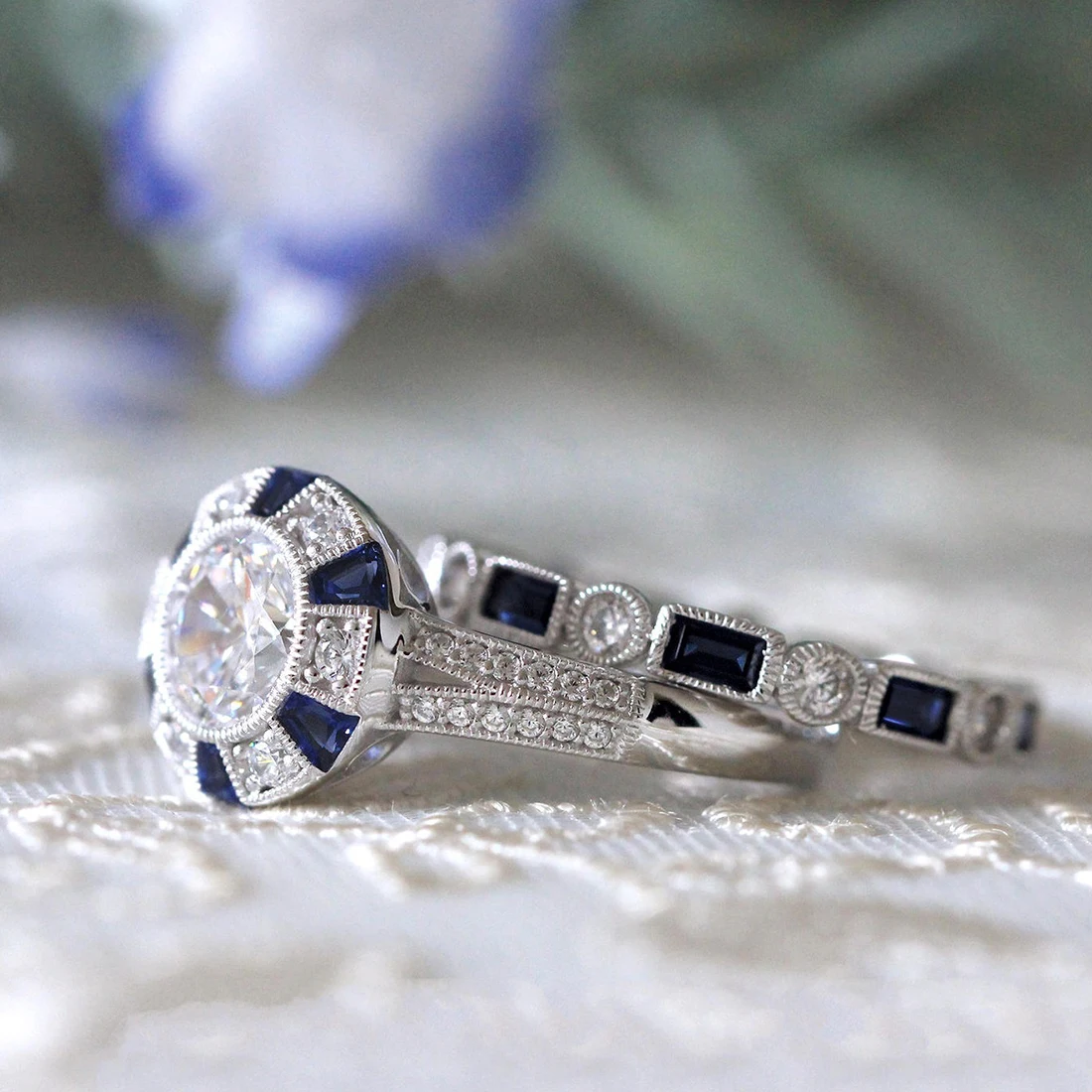 Fashion 2pcs/Set Luxury Blue Wedding Ring For Woman Silver Plating Zircon Ring Jewelry