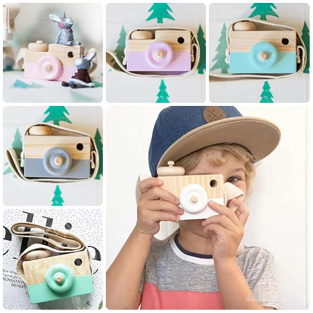 Mini Wooden Camera Toy Cartoon Baby Toy Kids Creative Neck Photography Prop Decoration Child Playing House Tool Free Shipping