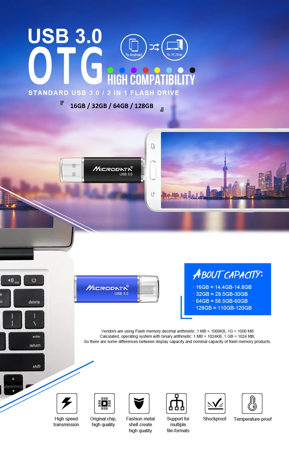 High Speed USB 3.0 OTG USB Flash Drive 128gb 64gb metal otg pendrive 32gb 16gb memoria usb stick U Disk flash drive for phone