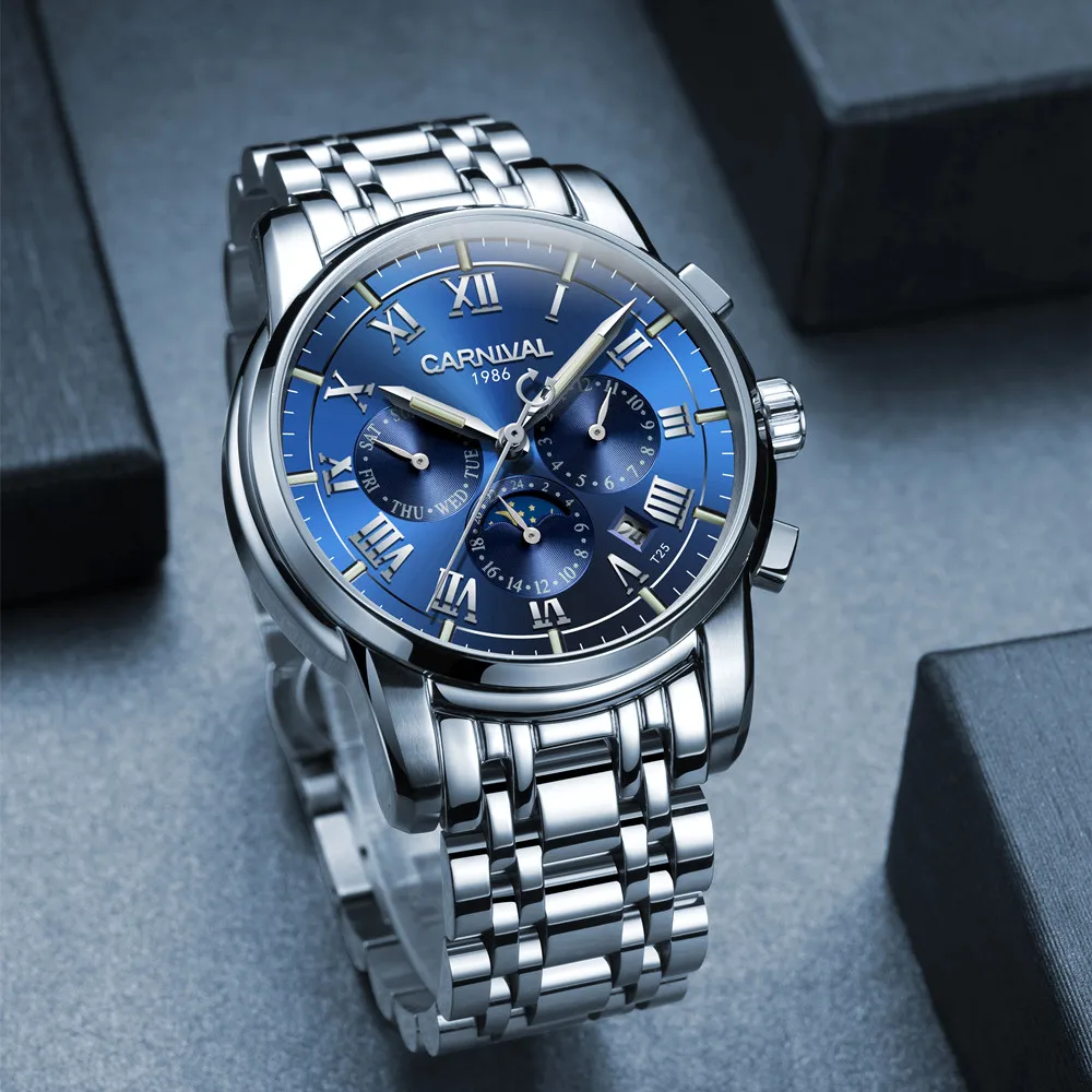 T25 غاز التريتيوم مضيئة ساعات آلية الرجال كرنفال الصلب كاملة متعددة وظيفة التلقائي ساعة معصم الذكور ساعة reloj هومبر