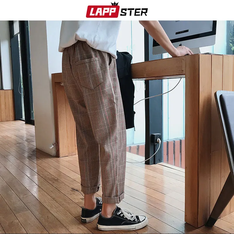 LAPPSTER الشارع الشهير الأصفر منقوشة السراويل الرجال ركض 2019 رجل عارضة مستقيم سراويلي حريمي الذكور الكورية الصيف السراويل الترنك زائد حجم