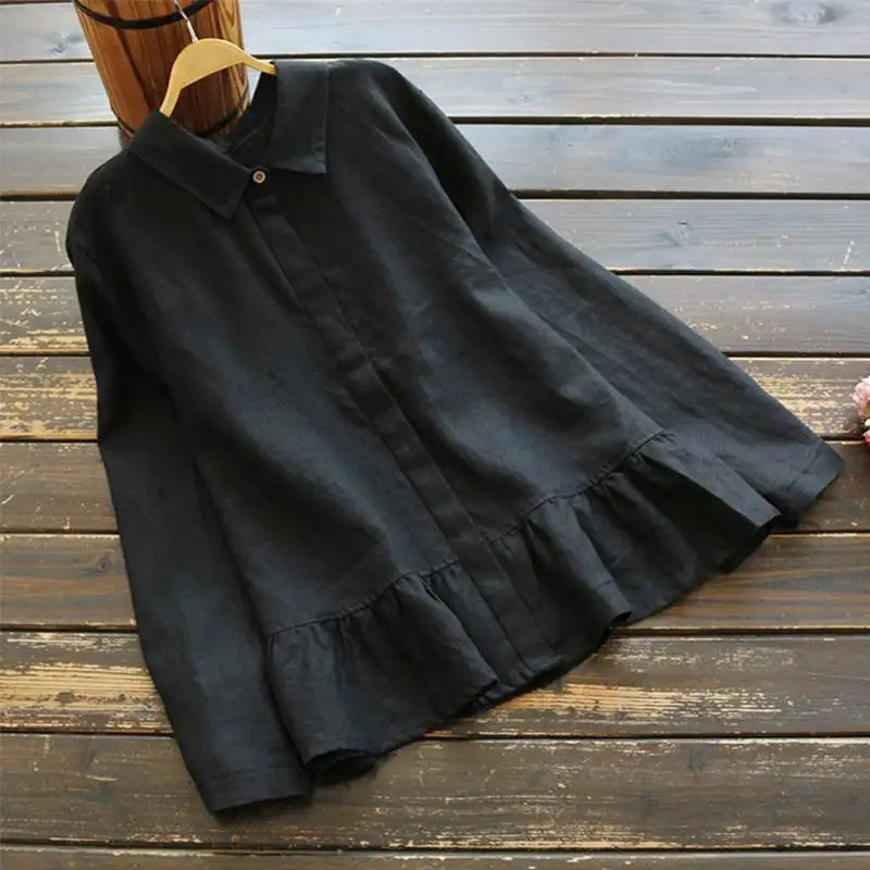 Размера плюс ZANZEA Весенняя женская Повседневная однотонная с длинным рукавом Элегантная Рабочая OL хлопковая льняная Свободная блузка с оборками мешковатые рубашки топы - Цвет: Черный