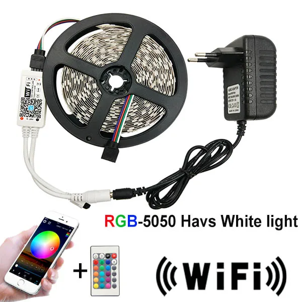 5 м 10 м 15 м WiFi Светодиодная лента RGB Водонепроницаемая SMD 5050 2835 12 В 12 в rgb Диодная гибкая лента WiFi конторлер+ адаптер штекер - Испускаемый цвет: 5050 with WiFi
