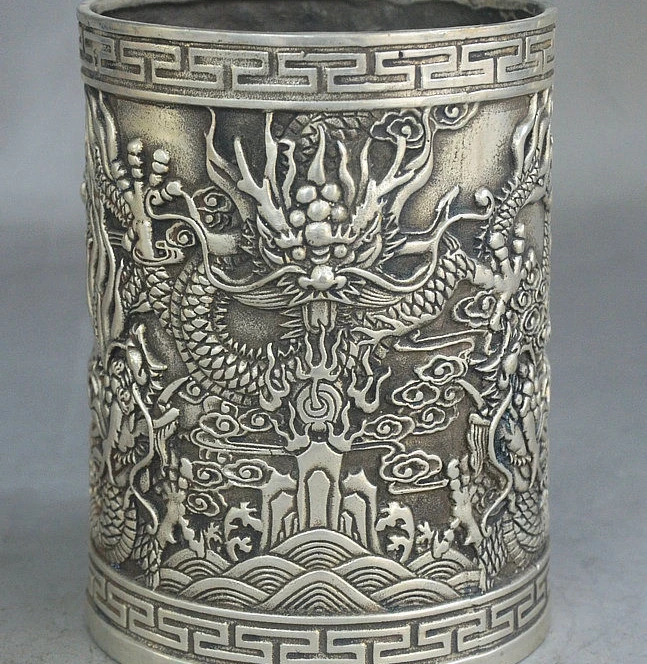 

5" Old China FengShui Royal Silver Auspicious 5 Dragon Pen container Pencil vase