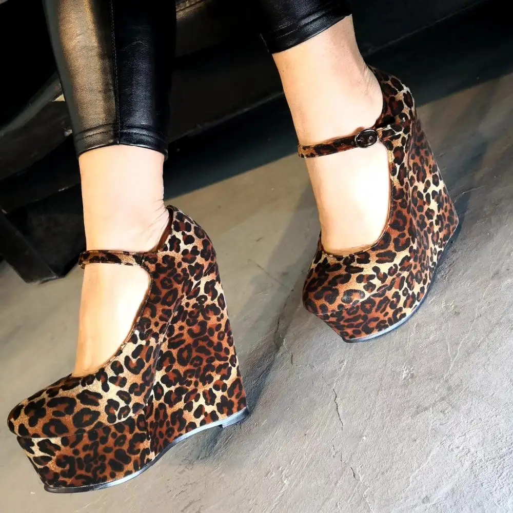 LAIGZEM Women Heels Platform Wedge Mary Jane Leopard Ladies Pumps Evening Party Summer Shoes Woman Zapatos Mujer Big Size 34-47