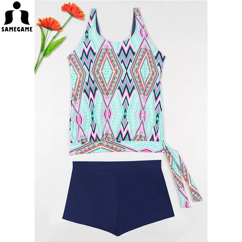 

SAMEGAME 2019 Sexy Two Piece Bandage Bikini Women Print Swimsuits Female Swimwear Vintage Retro Tankini Beach Wear Bathing Suits