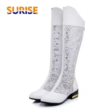 Повседневные летние женские сапоги до колена на среднем толстом блочном каблуке 4 см, украшенные блестками, с вышивкой, сетчатая молния, пикантные вечерние белые женские высокие сапоги для клуба