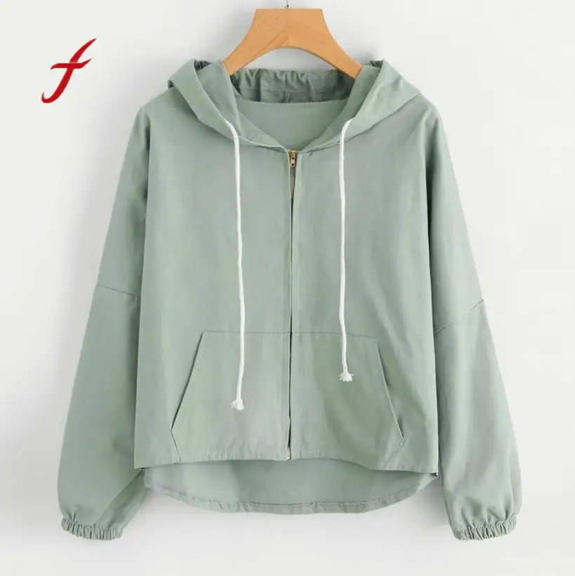 

FEITONG 2017 Solid Jacket Women Loose Long Sleeve Thin Sweet Ear Hooded Zipper Pockets Cute Short Coat casaco feminino