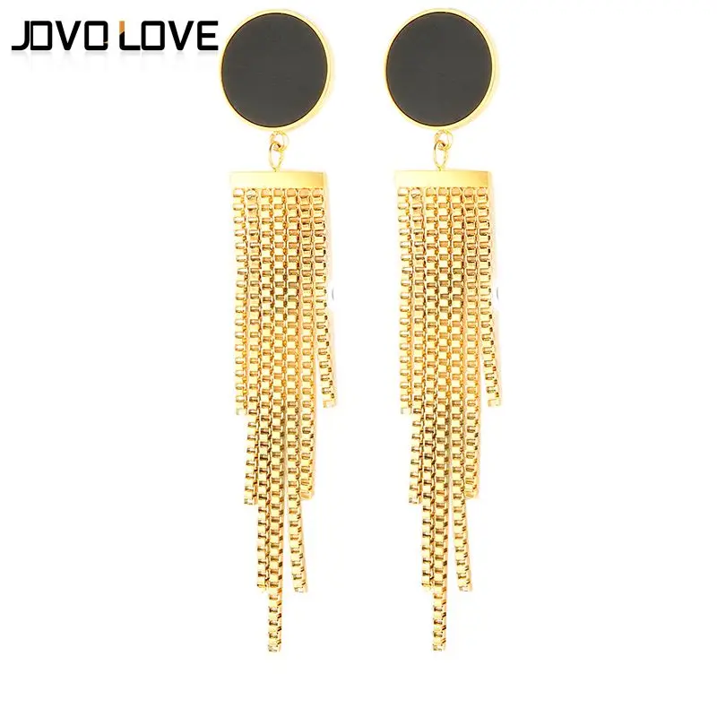 

Trendy Statement Earrings Stainless Steel Drop Earring Black Round Disc Long Chian Dangle Earring for Women Bohemian Jewelry