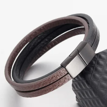 Punk Multi-layer Stainless Steel Buckle Black/Brown Genuine Leather Bracelet For Men Women Classic Design For Surprise Gift