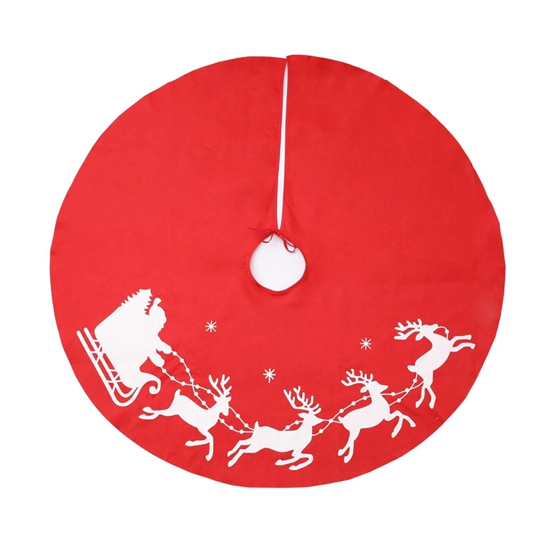 

100cm Red Christmas Tree Skirt Mat Reindeer Sled Santa Claus Caribou Polyester Snowflakes Xmas Tree Cover Decor Party Decoration
