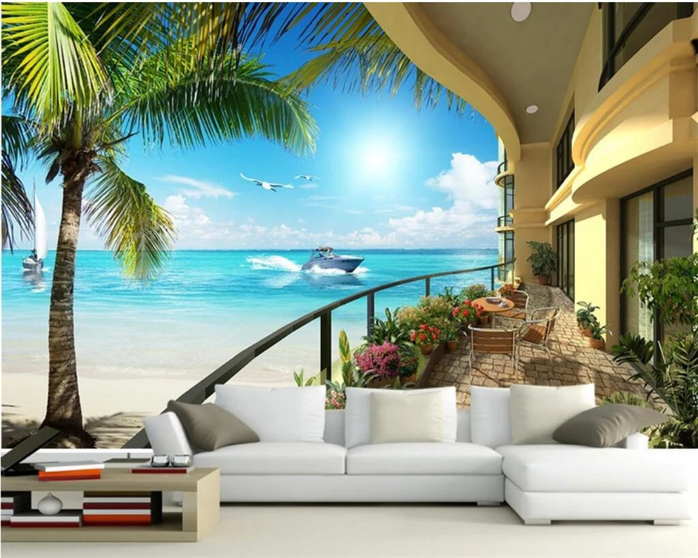 

Beibehang Custom 3D wallpaper balcony outdoors boat seagull landscape home decoration wallpaper for walls 3 d photo wall mural