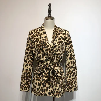 

Women's suit jacket loose thin leopard small suit fashion tie waist women's jacket 2019 autumn new women's clothing