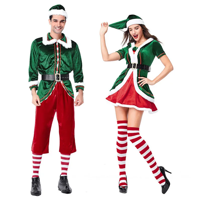 Corzzet Для мужчин и Для женщин зеленый бархат Рождественский пары эльф костюм Северный Полюс Санта-костюм эльфы для взрослых Необычные