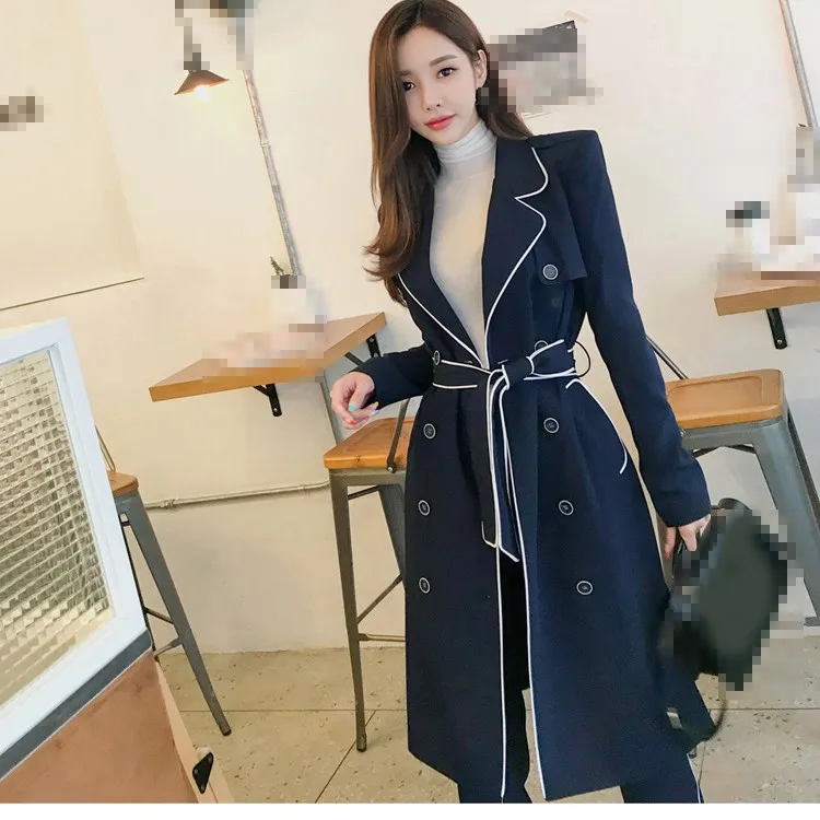 Solide Ceinture Blazer Mode Élégant Femmes Pantalon Bleu Hiver Mis Costumes Manteau 2018 Kimono Épais Automne Longue Breasted Double À OPwg7pZqx