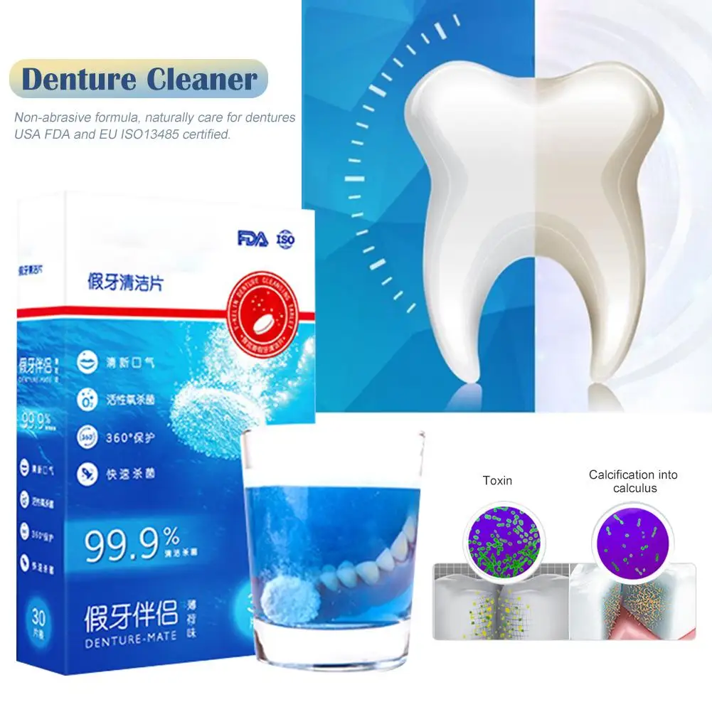 

30Pcs Denture Cleansing Tablets Teeth Whitening Care Denture Care Mate Cleansing Tablets Antibacterial False Tooth Cleanser