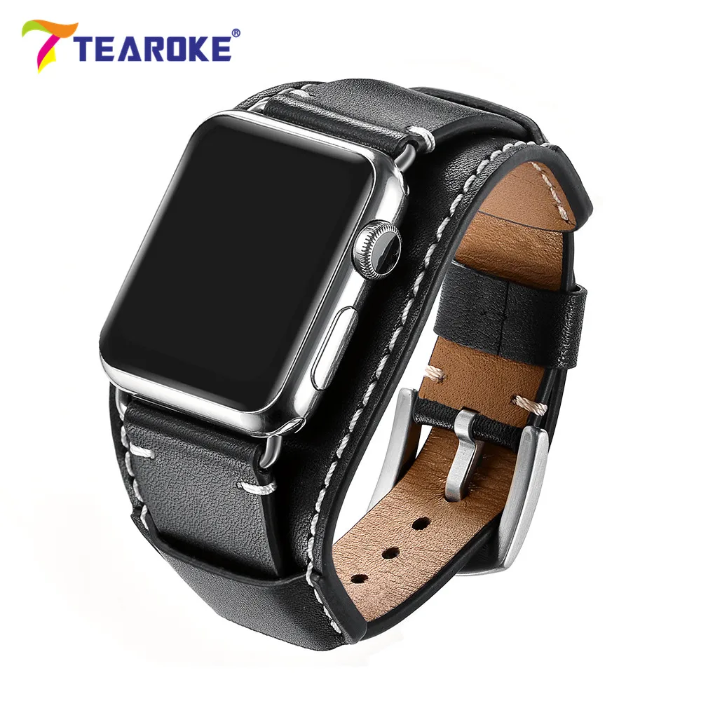Ремешок для часов TEAROKE из натуральной кожи Apple Watch 4 5 38 42 40 44 мм черный сменный
