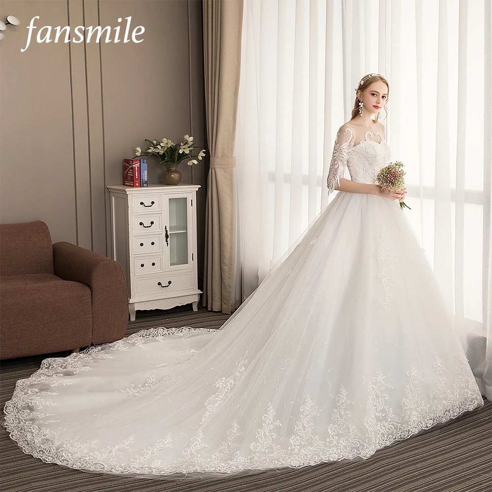 

Fansmile New Vestido De Noiva Elegant Luxury Lace Wedding Dresses 2019 Vintage Ball Gowns Train Plus Size Customized FSM-517T