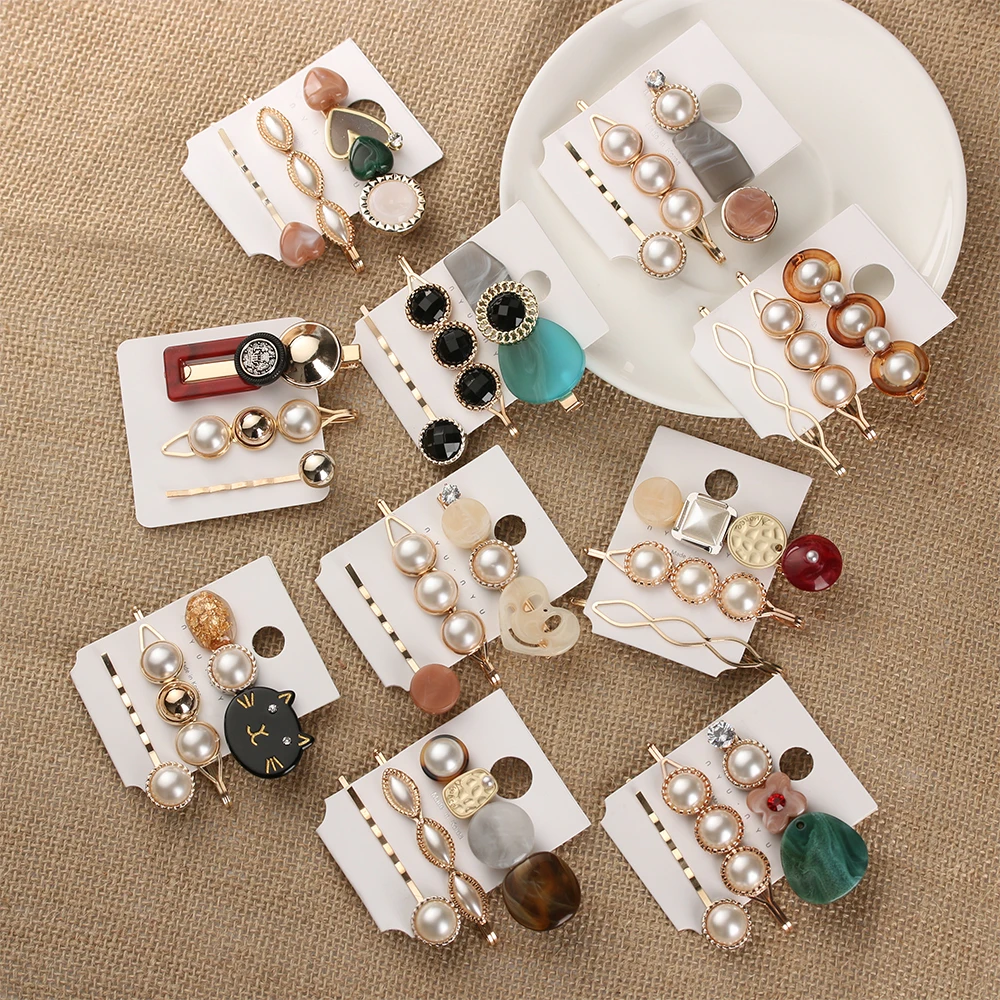 

Fashion 3PC Women Pearl Acrylic Crystal Hair Clips Snap Barrette Stick Button Hairpin Hair Accessories Styling Tools