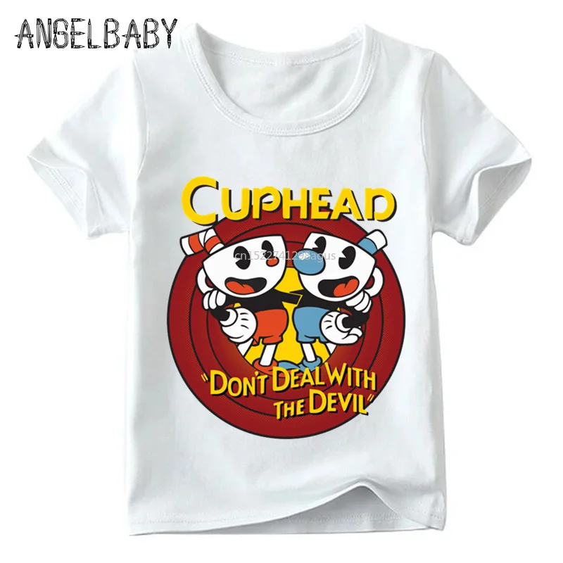 Baby Boys/Girls Cartoon Cuphead Print Funny T shirt Kids Summer Short Sleeve Tops Children Soft White T-shirt,ooo5199