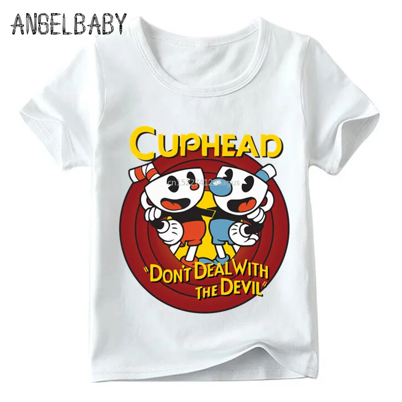 

Baby Boys/Girls Cartoon Cuphead Print Funny T shirt Kids Summer Short Sleeve Tops Children Soft White T-shirt,ooo5199