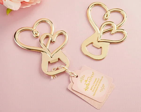 

Free Shipping 100pcs/lot Wedding Favor GOLD DOUBLE HEART BOTTLE OPENER