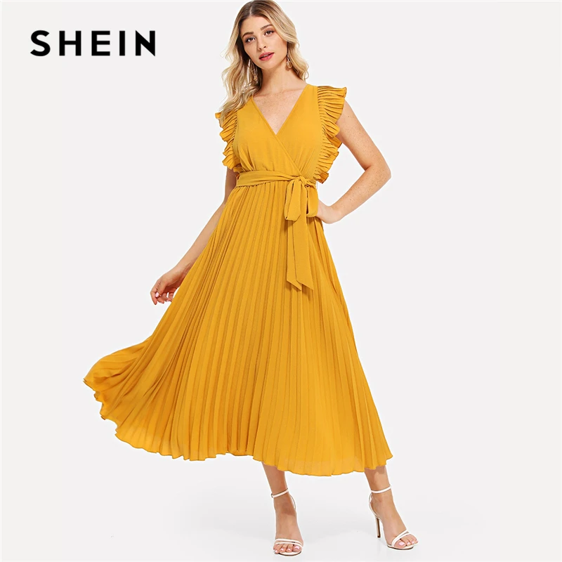 SHEIN Yellow Ruffle Trim Pleated Wrap Dress Casual Elegant V Neck Short Sleeve Shift Dresses Women Flounce Sleeve Summer Dress SHEIN Yellow Ruffle Trim Pleated Wrap Dress Casual Elegant V Neck Short Sleeve Shift Dresses Women Flounce Sleeve Summer Dress