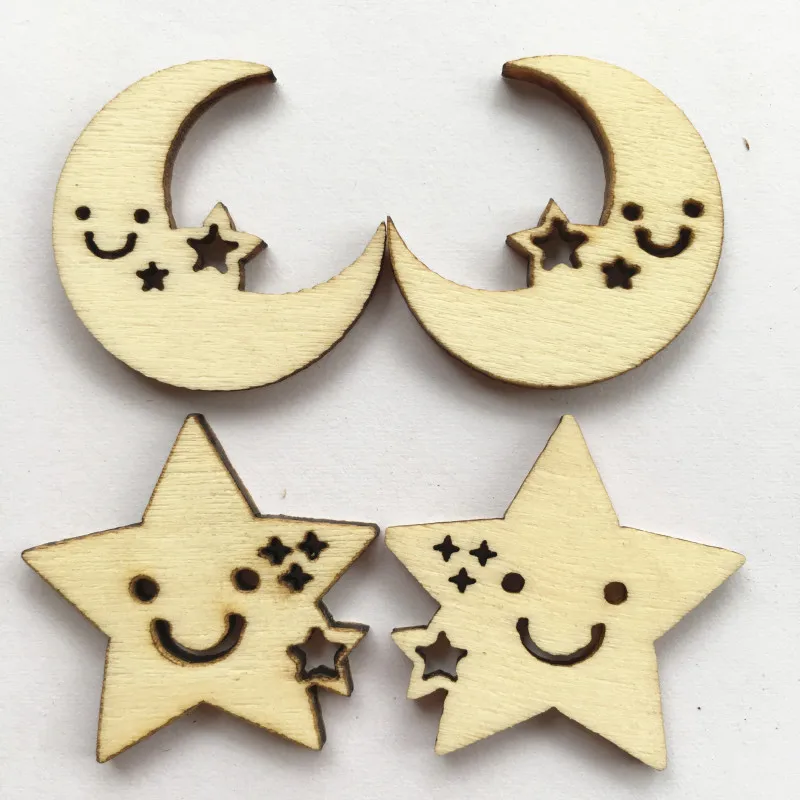 50Pcs Wooden Accessories Stars And Moon Pattern Natural Wood Crafts Scrapbooking DIY Home Art Decor Handmaking | Дом и сад