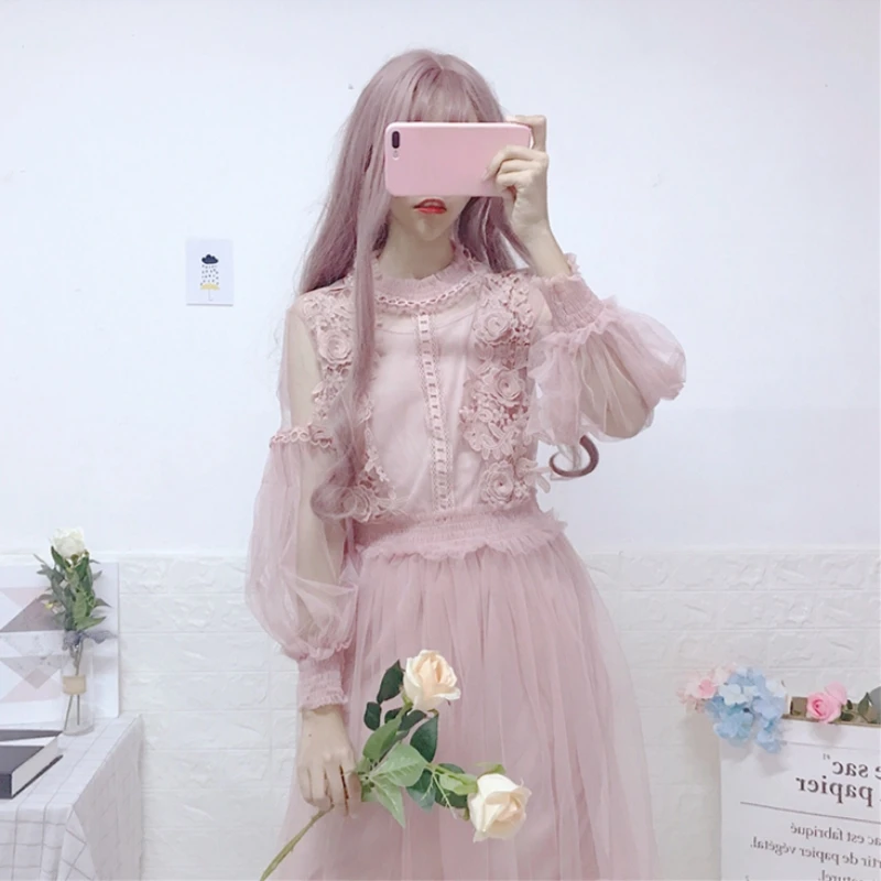 

Women's Clothing Sweet mash lace women dress hipster ulzzang Stand Lantern Sleeve New Autumn ulzzang Chic Korean Fashion Dresses