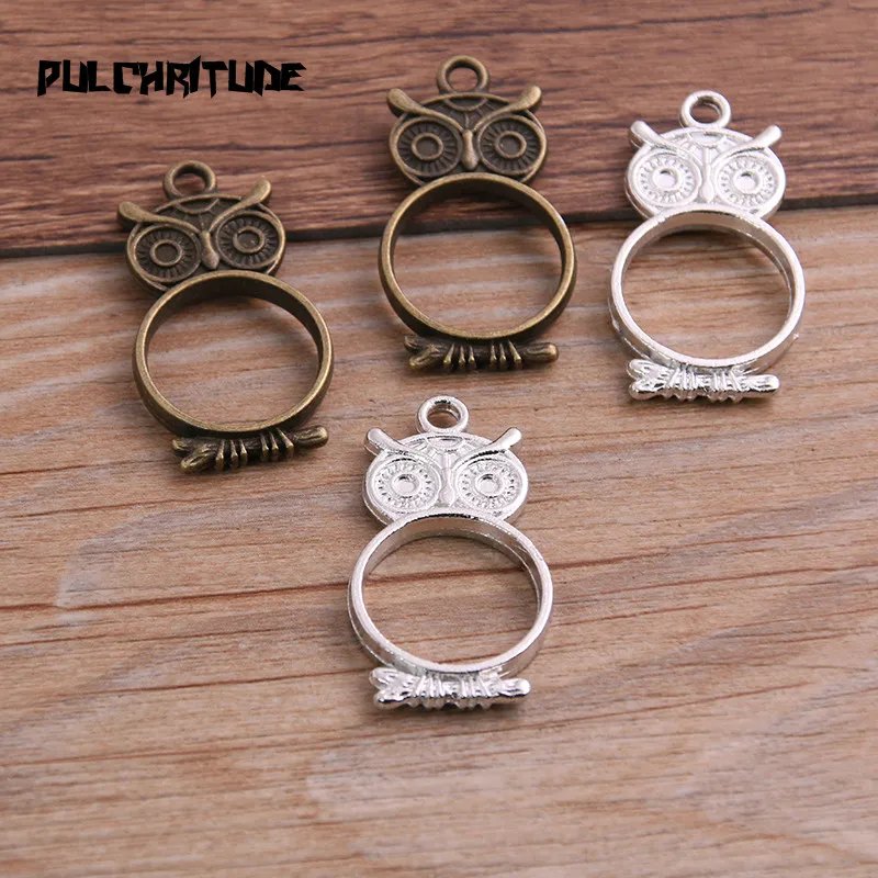 

PULCHRITUDE 6pcs 20*36mm Two Color Alloy Jewelry Accessories Owl Charm Hollow Glue Blank Pendant Tray Bezel 12B24