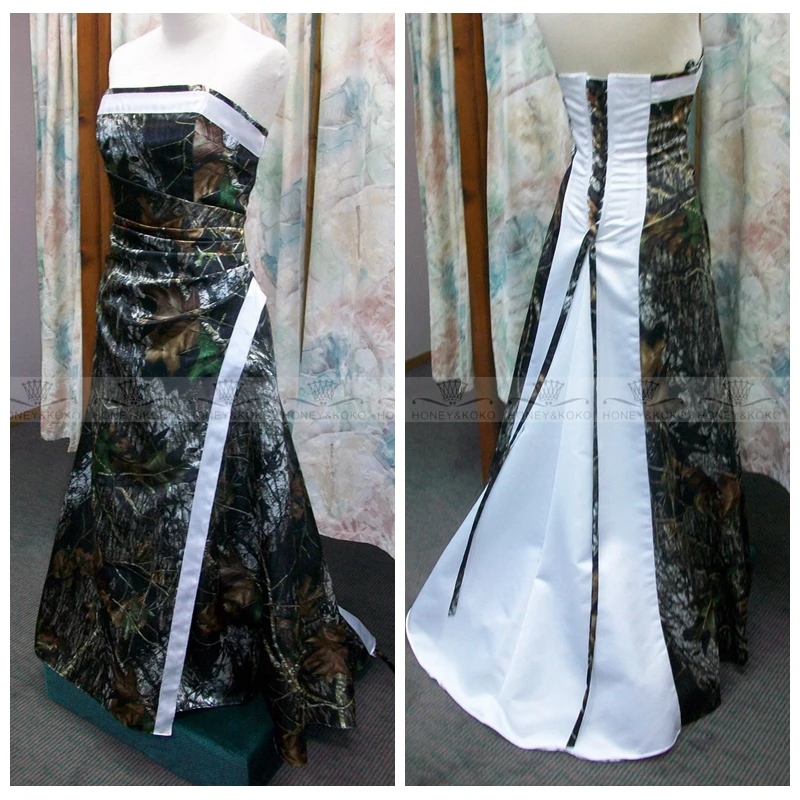 

Strapless Pleated A-Line Camo Camouflage Wedding Dress White Back 2017 Bridal Gowns Lace Up Back Custom Online Real Tree