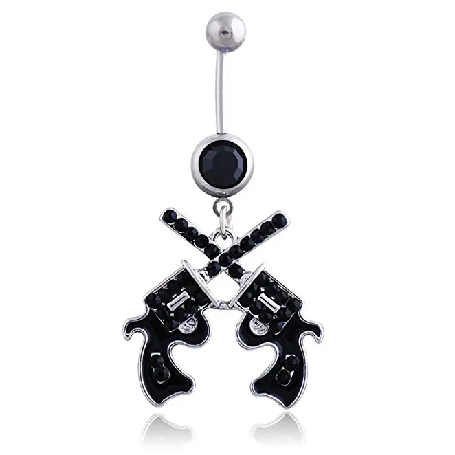 Exquisite Body Jewelry 316l Surgical Steel West Cowgirl 2 Cross Pistol Guns Belly Button Ring