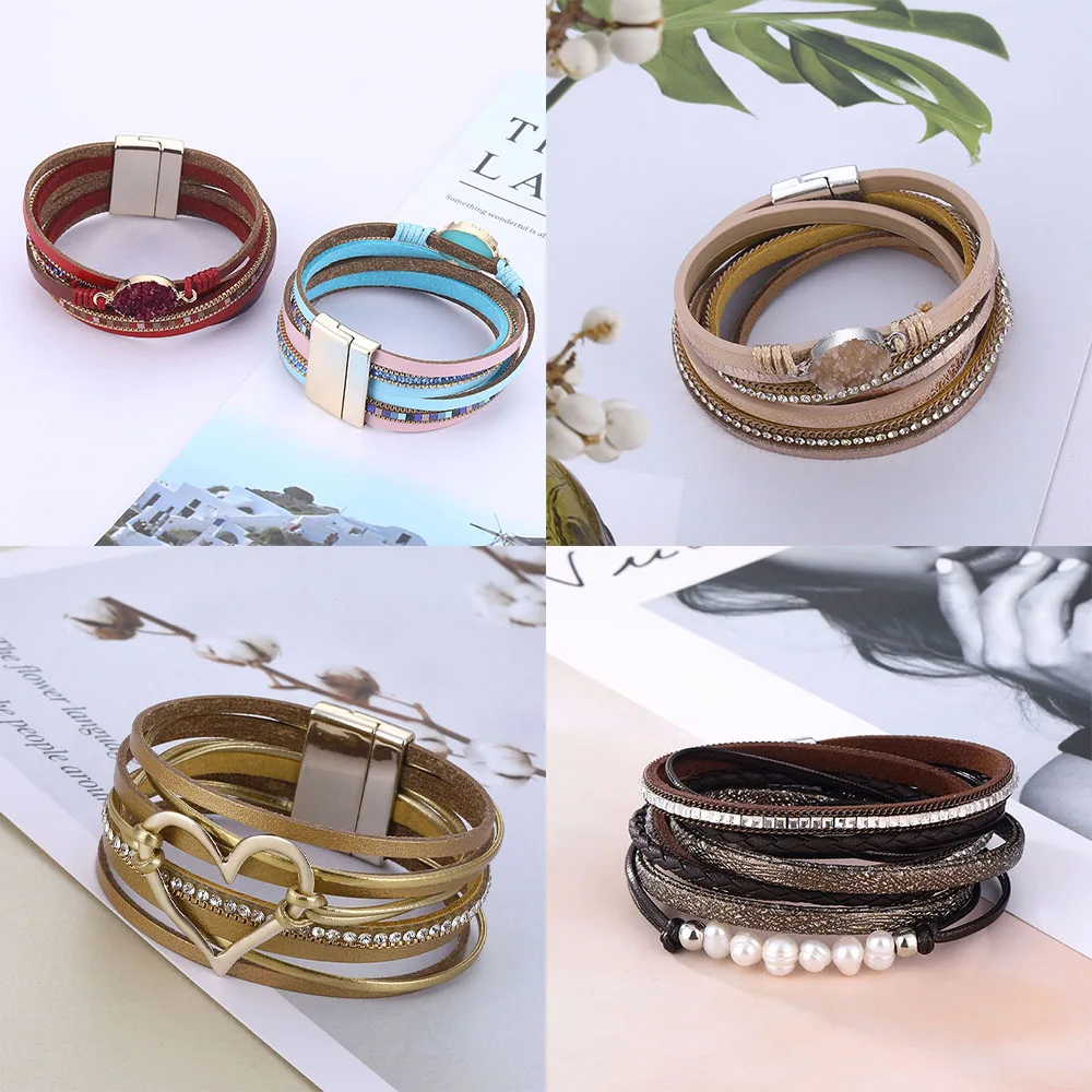 

SOUQ Vintage Heart Feather Multilayer Leather Bracelet Women Fashion Braided Handmade Star Rope Wrap Bracelets & Bangles Female