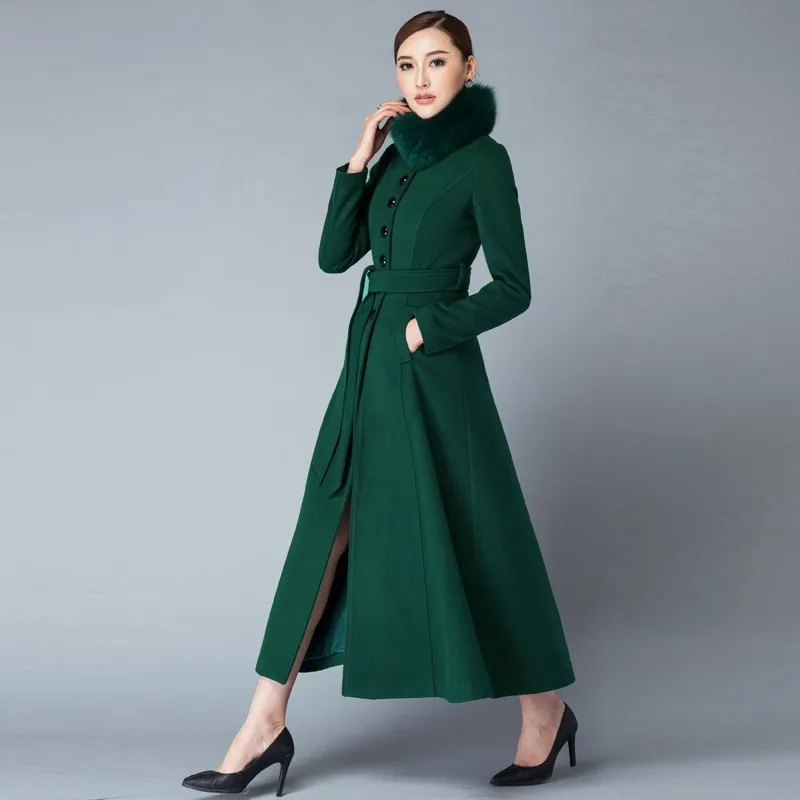 2019 Winter Fox Fur Collar Warm Woolen Dust Coat Full Length Stand