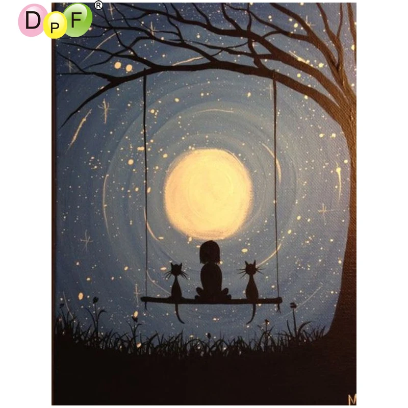 

DPF DIY Girl cat moon 5D diamond mosaic square diamond painting cross stitch home decor diamond embroidery crafts wall painting