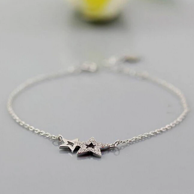 Simple 925 Sterling Silver Jewelry Double Stars Bracelets For Women AAA