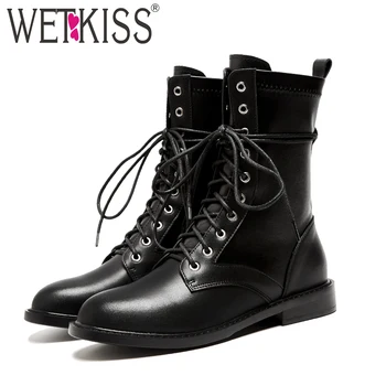 

WETKISS Low Heels Riding Women Boot Cross Tied Round Toe Footwear Leather Ankle Female Boot Motorcycle Shoes Woman Winter 2018