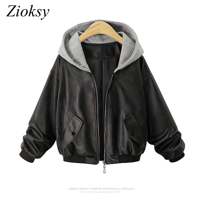 

Zioksy 2017 Autumn Winter Women PU Leather Jacket Hooded Casual Jackets Long Sleeve Fashion Short Coat Blouson Femme