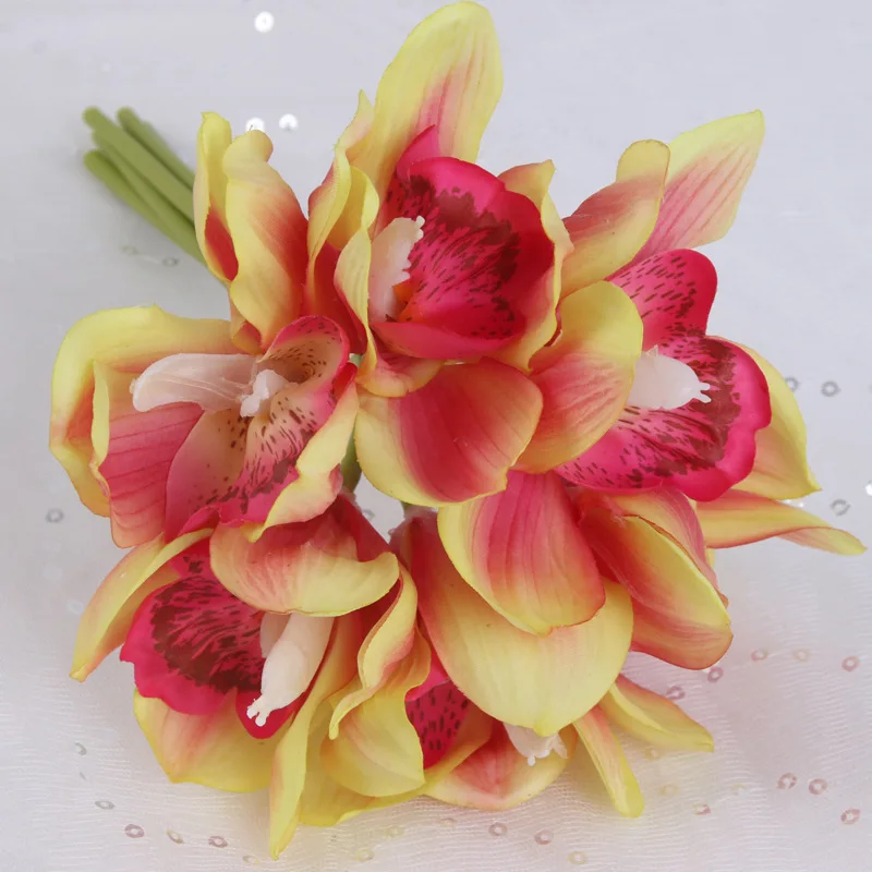 Настоящее прикосновение cymbidium 6 головок короткая съемка украшение стола цветок DIY Свадебные невесты ручной цветы домашний декор искусственная Орхидея - Цвет: Champagne