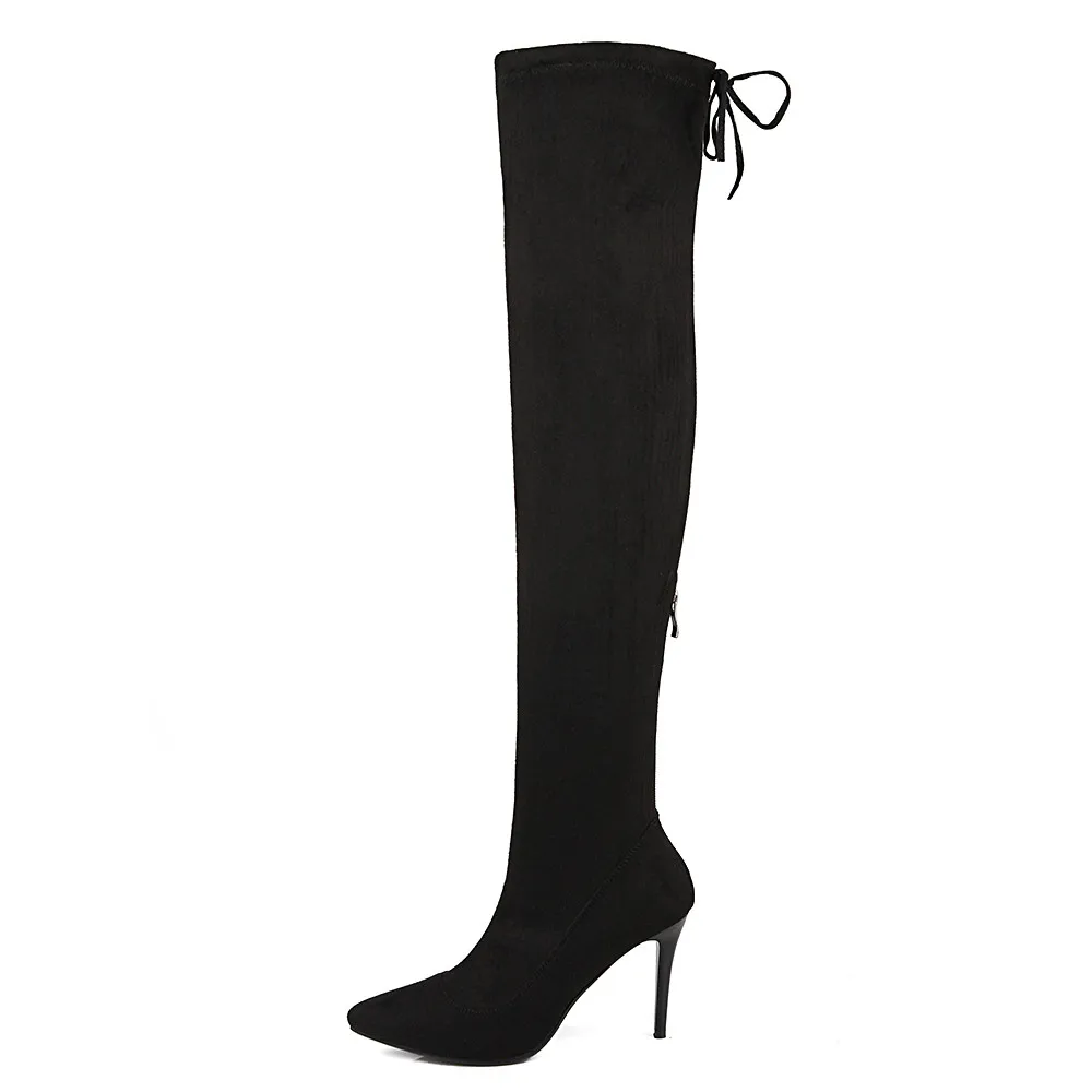 Flock Slip die herbst on Solide Frühling Größe Über wine gray Winter Orshirly Frauen Red Black Casual Plus Spitz Handgemachte Stretch Stiefel Frühen Knie 4ndwfx