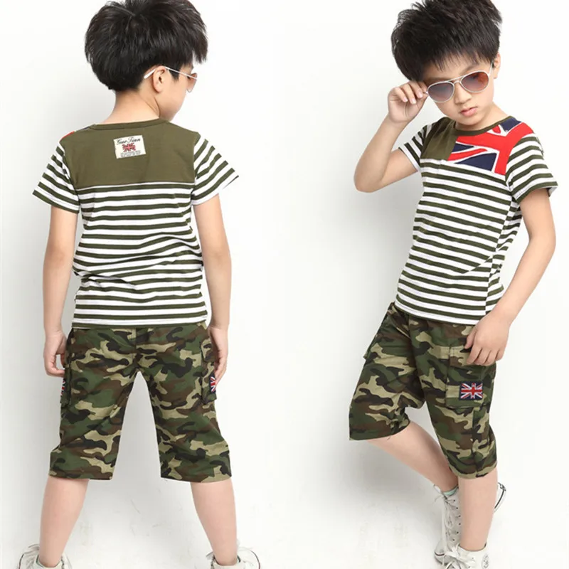 

2016 Brand Summer Boy/Girl Sport Clothing Set Short Sleeve Striped T-Shirt+Camouflage Short Pants Summer School Clothes Set