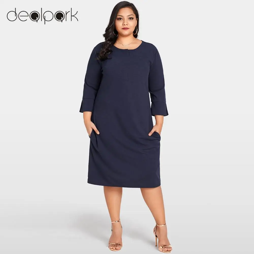 Women XXXL Plus Size Dress 3/4 Sleeves Pockets Casual Loose Elegant