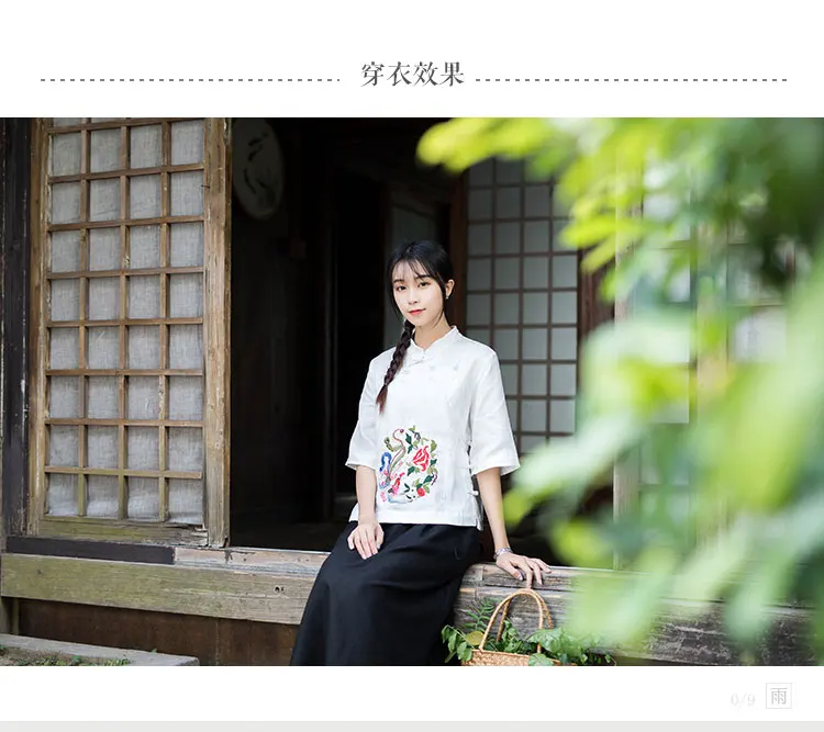 Винтаж литературный плиты Кнопка Вышивка Хлопок Лен рубашка с короткими рукавами свободные летние Республика Китай женская одежда