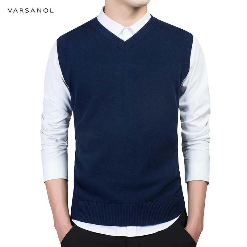 Varsanol Brand Clothing Pullover Sweater Men Autumn V Neck Slim Vest Classic Good Quality Regular Cotton